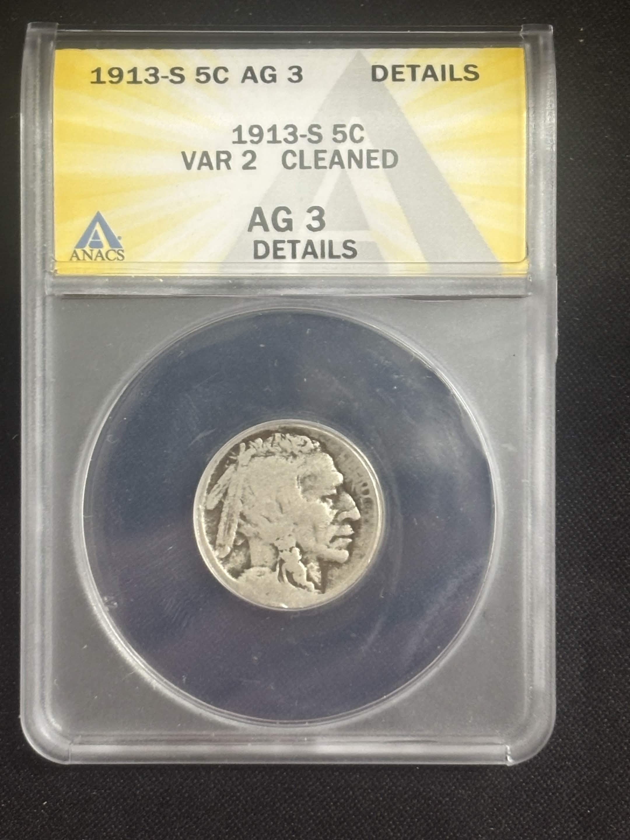 1913 S Type 2 Buffalo Nickel ANACS AG3 Details Key Date