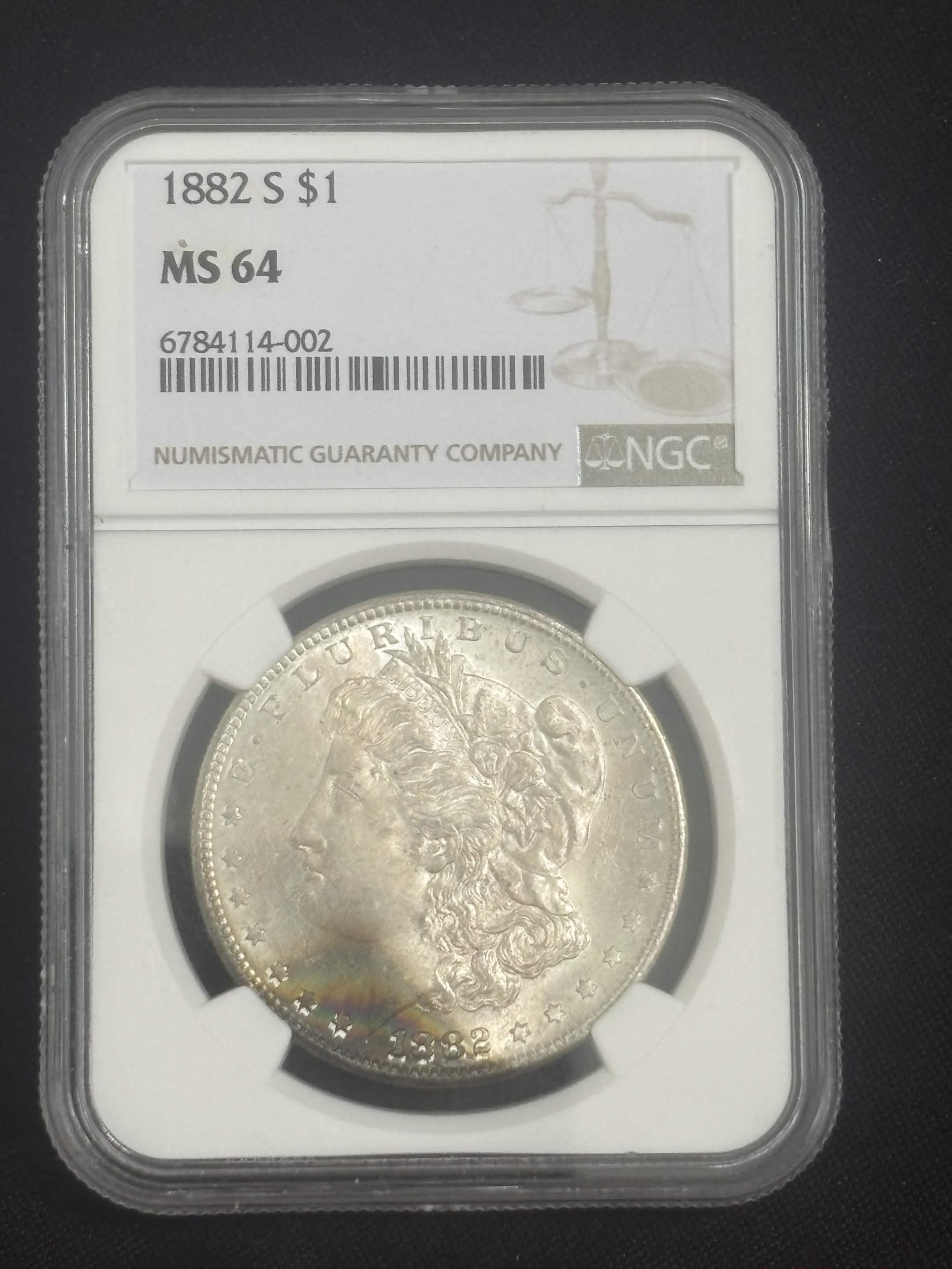 1882 S Morgan Dollar NGC MS-64 Obverse Rainbow Toned