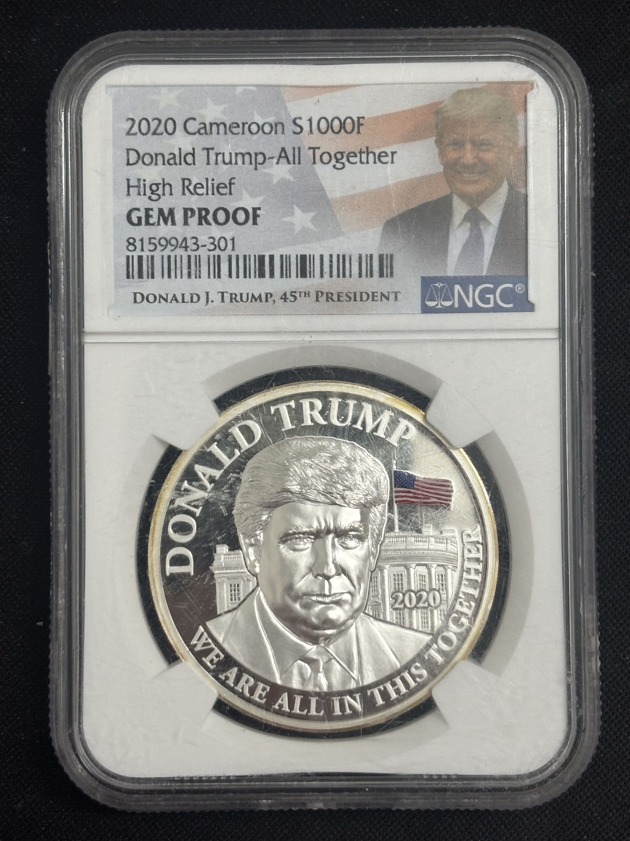 2020 Cameroon 1000F Trump All Together High Relief NGC Gem Proof 1oz Silver Scratched Holder